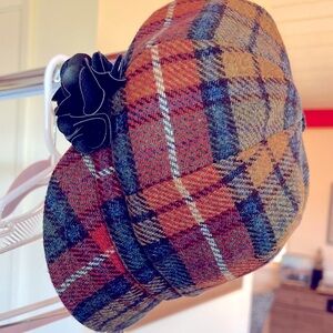 Plaid Newsboy Cap with Black Flower Accent